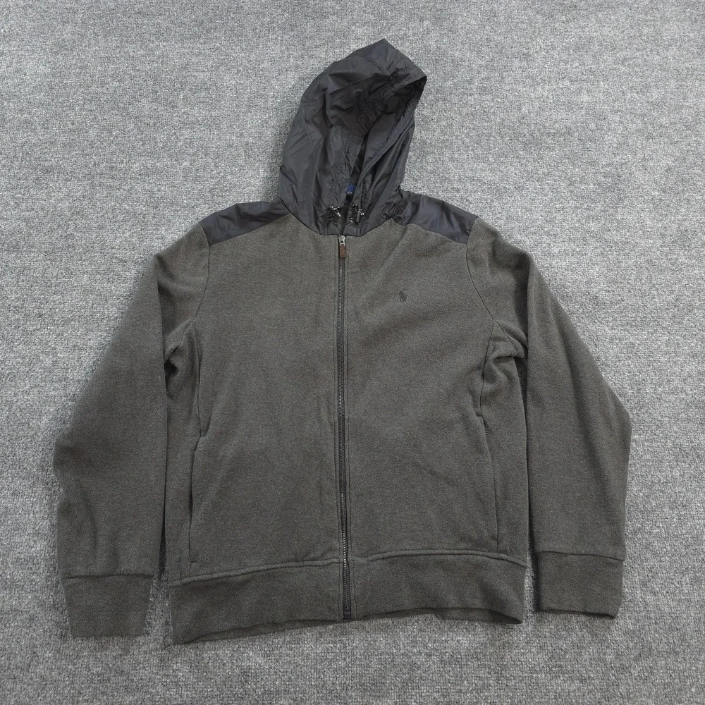 Polo Ralph Lauren Hoodie Mens Large Gray Estate Rib Full Zip Logo Nylon Hood